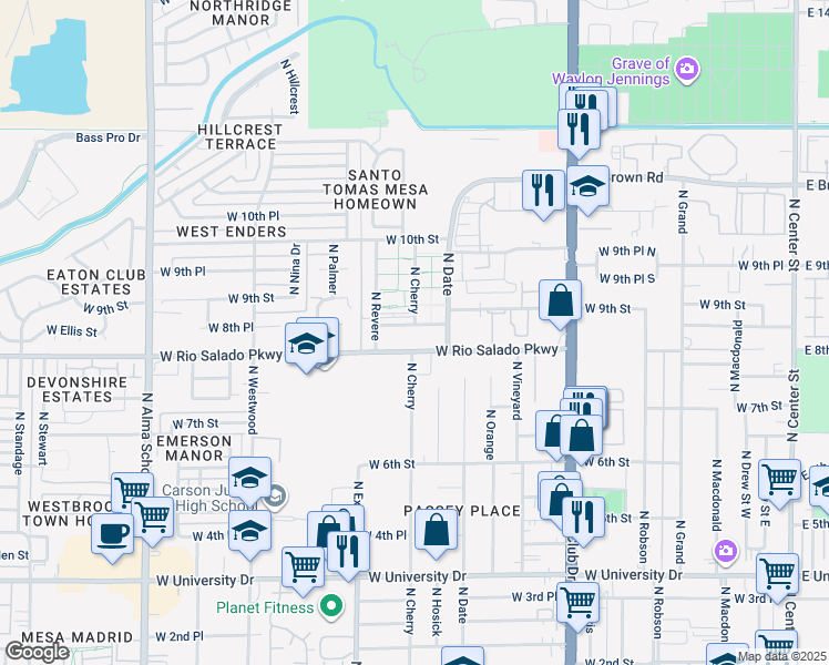 map of restaurants, bars, coffee shops, grocery stores, and more near 832 North Cherry in Mesa