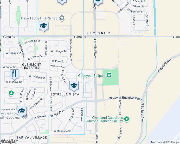 map of restaurants, bars, coffee shops, grocery stores, and more near 15542 West Supai Circle in Goodyear