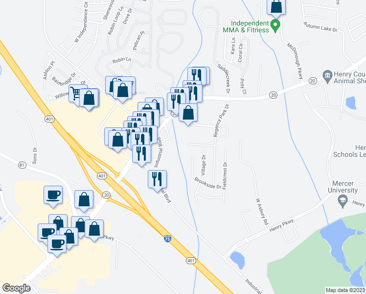 map of restaurants, bars, coffee shops, grocery stores, and more near 720 Village Overlook in McDonough