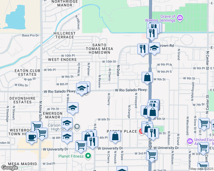 map of restaurants, bars, coffee shops, grocery stores, and more near 832 North Cherry in Mesa