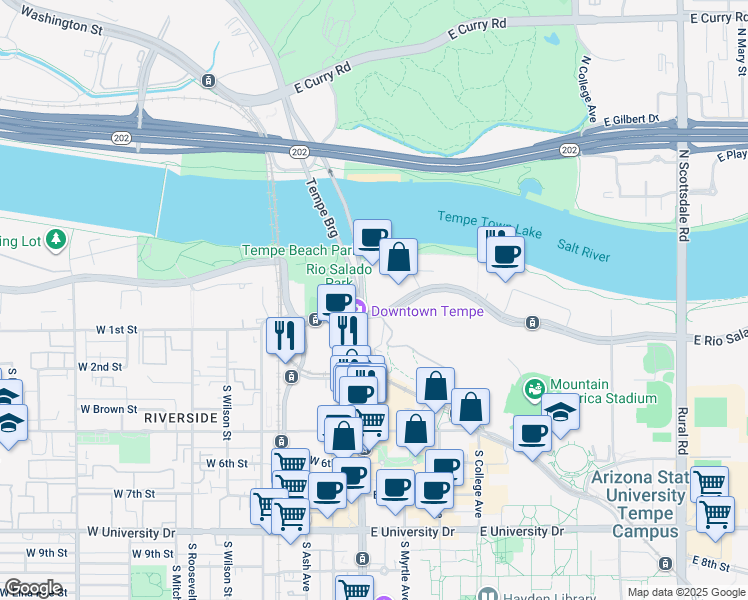 map of restaurants, bars, coffee shops, grocery stores, and more near 40 East Rio Salado Parkway in Tempe