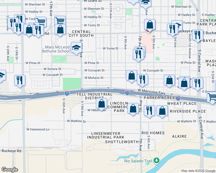 map of restaurants, bars, coffee shops, grocery stores, and more near 1114 West Apache Street in Phoenix