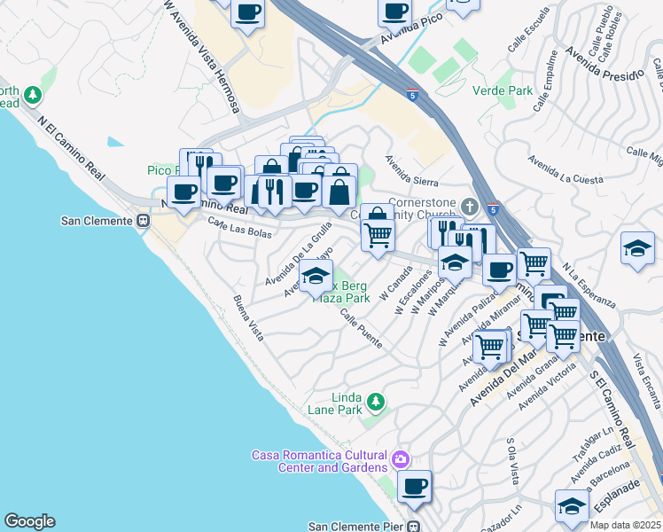 map of restaurants, bars, coffee shops, grocery stores, and more near 133 Avenida Pelayo in San Clemente