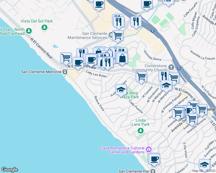 map of restaurants, bars, coffee shops, grocery stores, and more near 126 Avenida Del Reposo in San Clemente