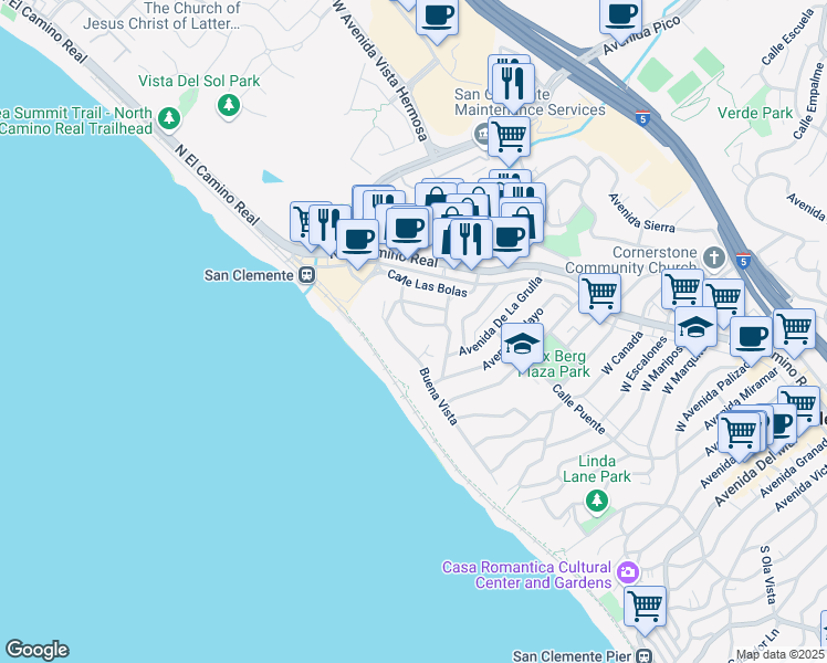 map of restaurants, bars, coffee shops, grocery stores, and more near 1516 Calle Sacramento in San Clemente