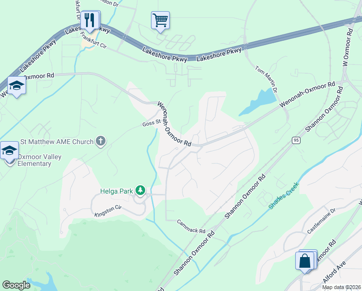 map of restaurants, bars, coffee shops, grocery stores, and more near 2585 Wenonah Oxmoor Road in Birmingham