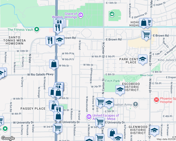 map of restaurants, bars, coffee shops, grocery stores, and more near 108 West 8th Place in Mesa