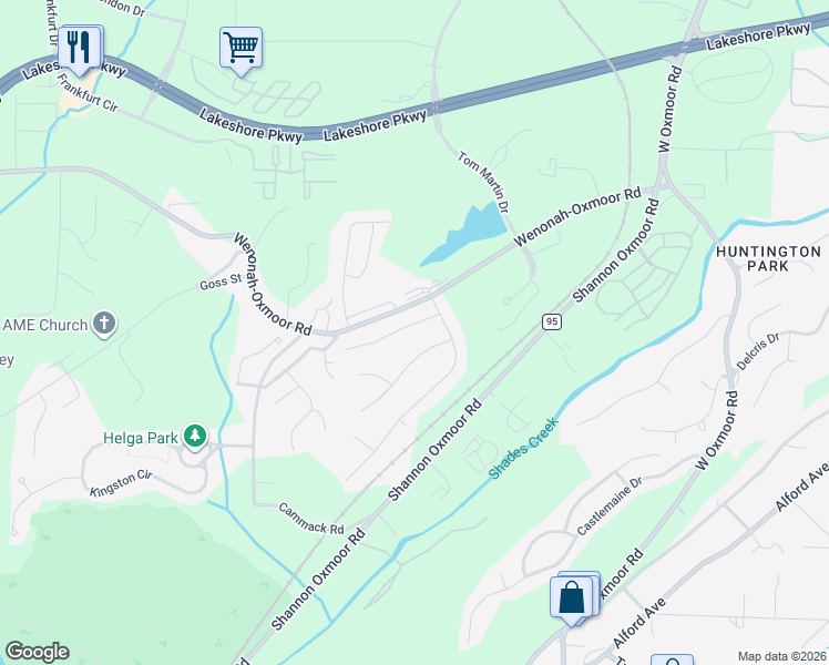 map of restaurants, bars, coffee shops, grocery stores, and more near 2707 Oxmoor Way in Birmingham