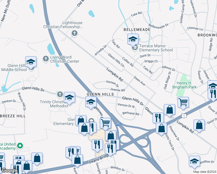 map of restaurants, bars, coffee shops, grocery stores, and more near 3019 Jeanne Road in Augusta