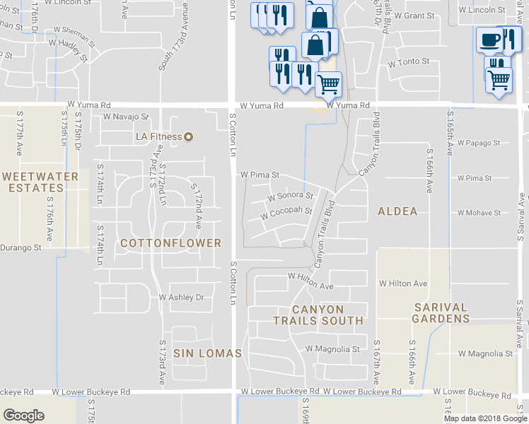 map of restaurants, bars, coffee shops, grocery stores, and more near 17016 West Cocopah Street in Goodyear