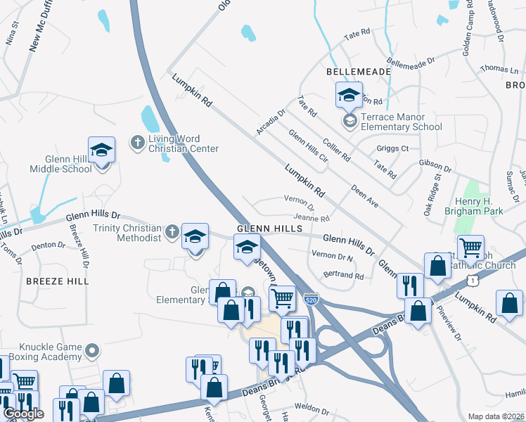 map of restaurants, bars, coffee shops, grocery stores, and more near 3042 Jeanne Road in Augusta