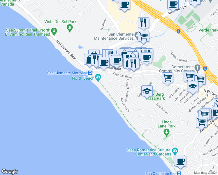 map of restaurants, bars, coffee shops, grocery stores, and more near 1521 Buena Vista in San Clemente