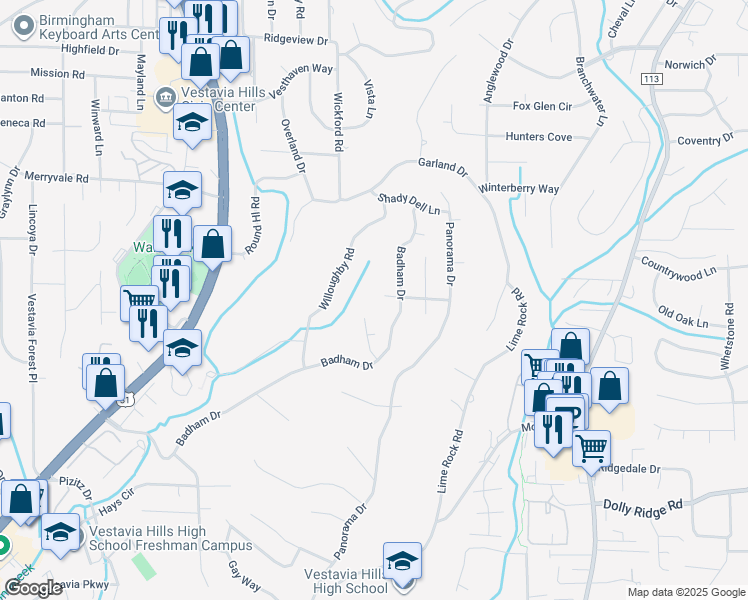 map of restaurants, bars, coffee shops, grocery stores, and more near 2125 Woodlark Lane in Vestavia Hills