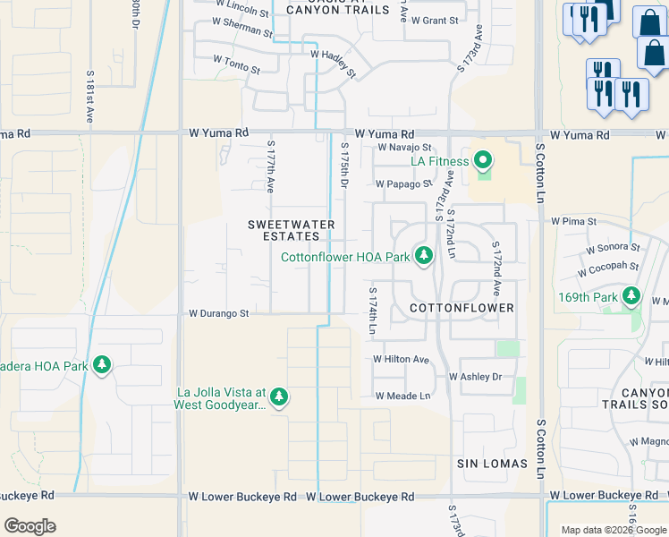map of restaurants, bars, coffee shops, grocery stores, and more near 1732 South 175th Drive in Goodyear