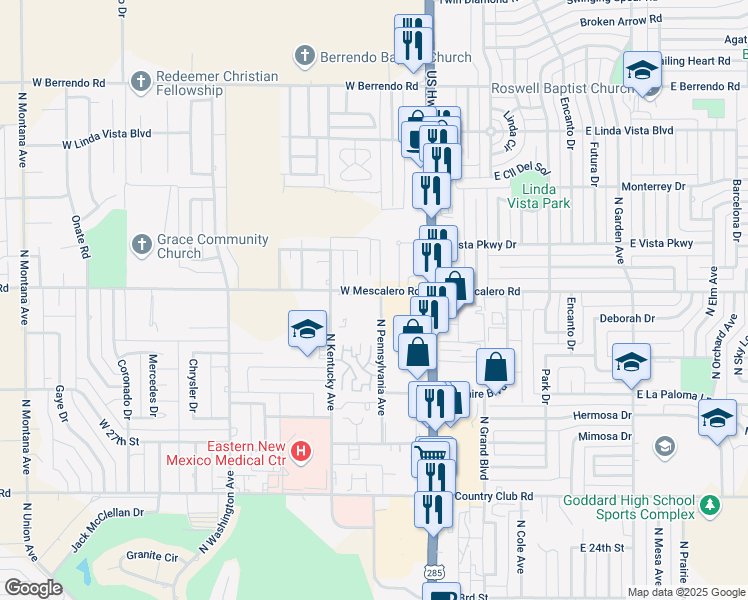 map of restaurants, bars, coffee shops, grocery stores, and more near 306 West Mescalero Road in Roswell