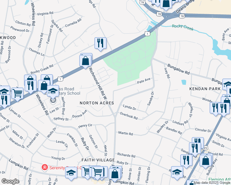 map of restaurants, bars, coffee shops, grocery stores, and more near 2602 Shalimar Drive in Augusta