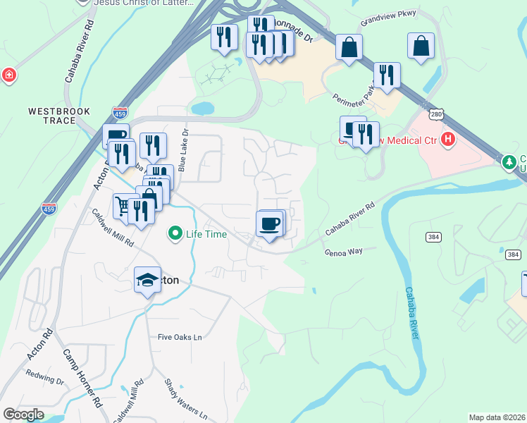 map of restaurants, bars, coffee shops, grocery stores, and more near 50 Cahaba River Parc in Birmingham