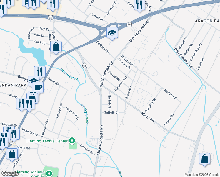 map of restaurants, bars, coffee shops, grocery stores, and more near 1775 Nixon Road in Augusta