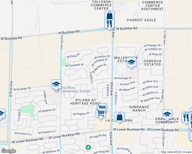 map of restaurants, bars, coffee shops, grocery stores, and more near 8405 West Apache Street in Tolleson