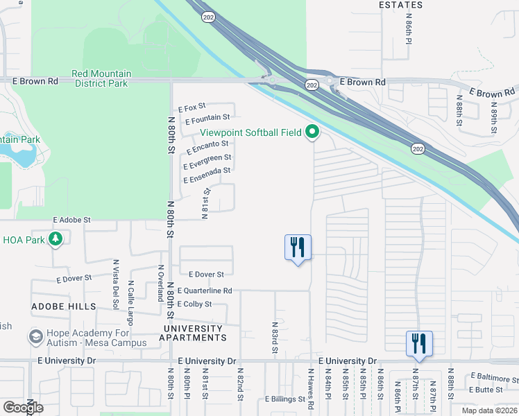 map of restaurants, bars, coffee shops, grocery stores, and more near 8398-8166 East Adobe Road in Mesa