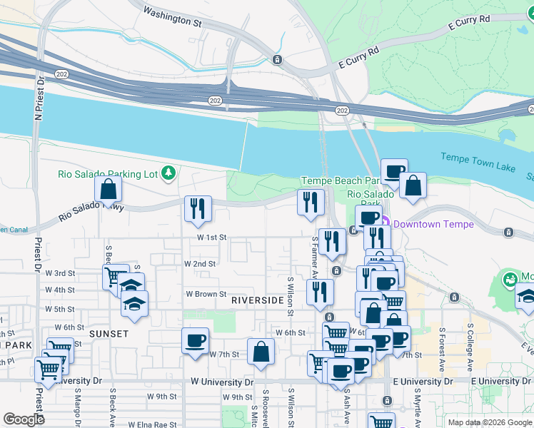map of restaurants, bars, coffee shops, grocery stores, and more near 525 West Lakeside Drive in Tempe