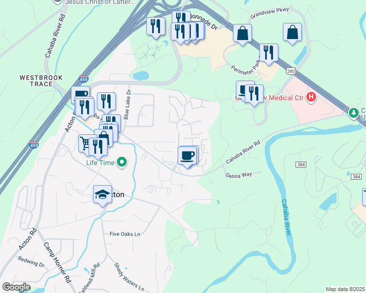 map of restaurants, bars, coffee shops, grocery stores, and more near 717 Cahaba River Parc in Birmingham