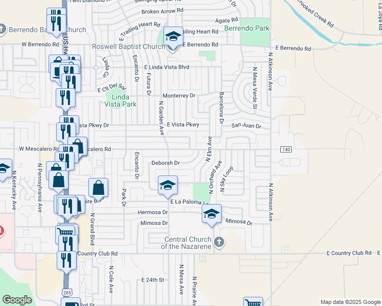 map of restaurants, bars, coffee shops, grocery stores, and more near 804 East Mescalero Road in Roswell
