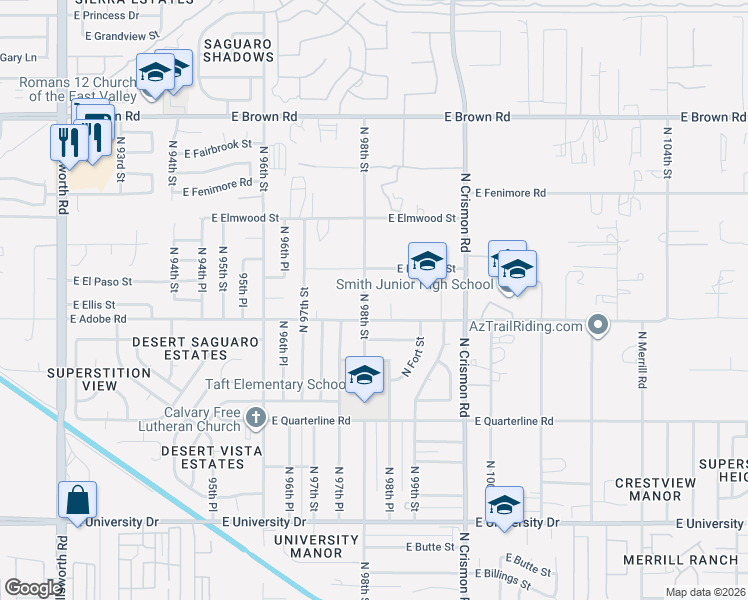 map of restaurants, bars, coffee shops, grocery stores, and more near 817 North 98th Street in Mesa