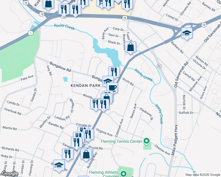 map of restaurants, bars, coffee shops, grocery stores, and more near 2501 Peach Orchard Road in Augusta