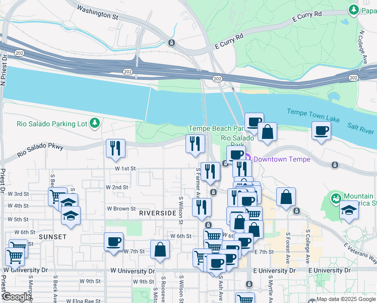 map of restaurants, bars, coffee shops, grocery stores, and more near 435 West Rio Salado Parkway in Tempe