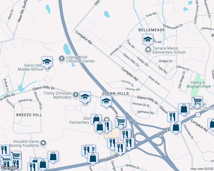 map of restaurants, bars, coffee shops, grocery stores, and more near 3042 Jeanne Road in Augusta