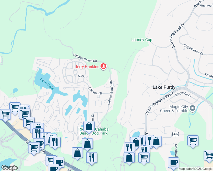 map of restaurants, bars, coffee shops, grocery stores, and more near 134 Beach Circle in Birmingham