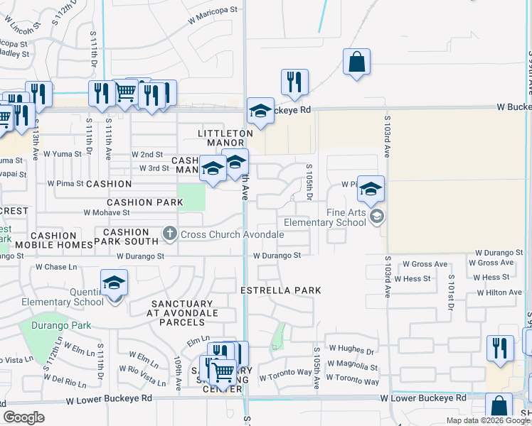 map of restaurants, bars, coffee shops, grocery stores, and more near 10625 West Nez Perce Street in Tolleson
