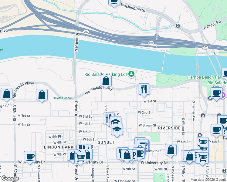 map of restaurants, bars, coffee shops, grocery stores, and more near 1215 West Rio Salado Parkway in Tempe