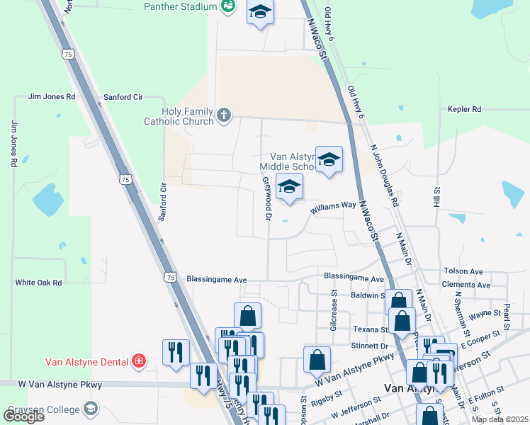 map of restaurants, bars, coffee shops, grocery stores, and more near 1143 Greywood Drive in Van Alstyne