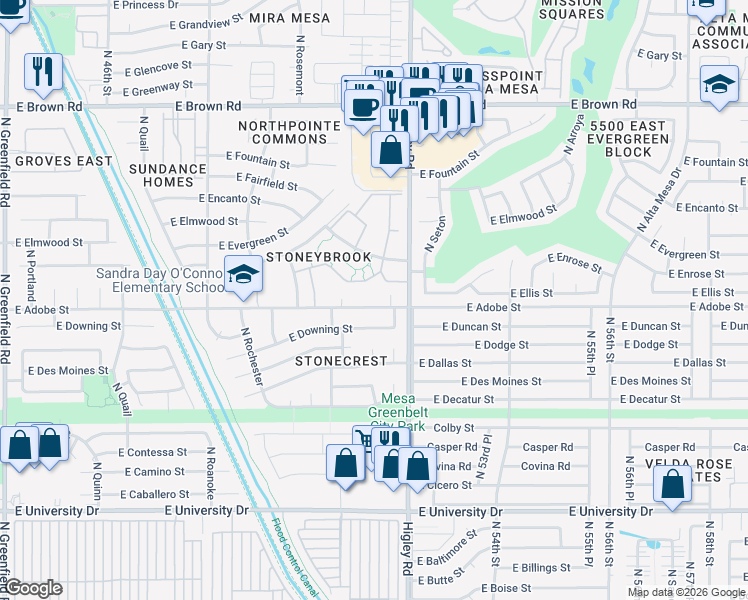 map of restaurants, bars, coffee shops, grocery stores, and more near 5132 East Adobe Street in Mesa