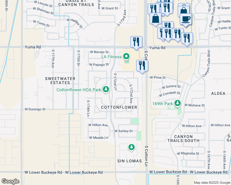 map of restaurants, bars, coffee shops, grocery stores, and more near 17275 West Cocopah Street in Goodyear