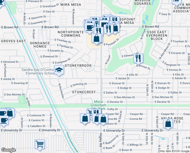 map of restaurants, bars, coffee shops, grocery stores, and more near 5132 East Adobe Street in Mesa