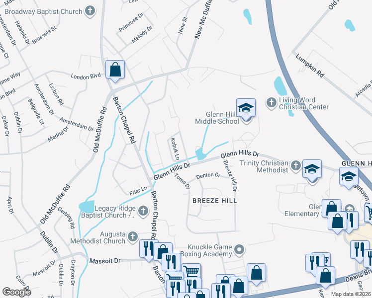 map of restaurants, bars, coffee shops, grocery stores, and more near 2418 Emery Hills Drive in Augusta