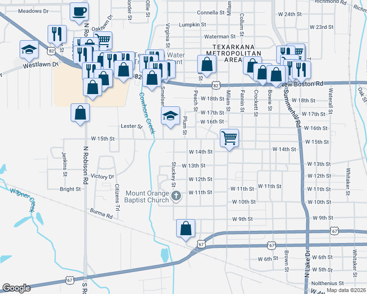map of restaurants, bars, coffee shops, grocery stores, and more near 1408 Stuckey Street in Texarkana