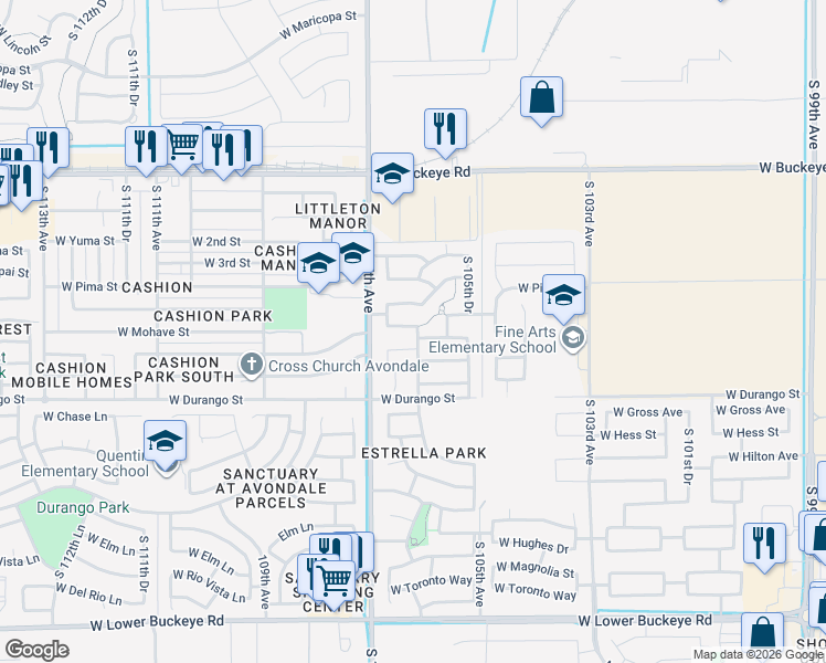 map of restaurants, bars, coffee shops, grocery stores, and more near 10613 West Nez Perce Street in Tolleson