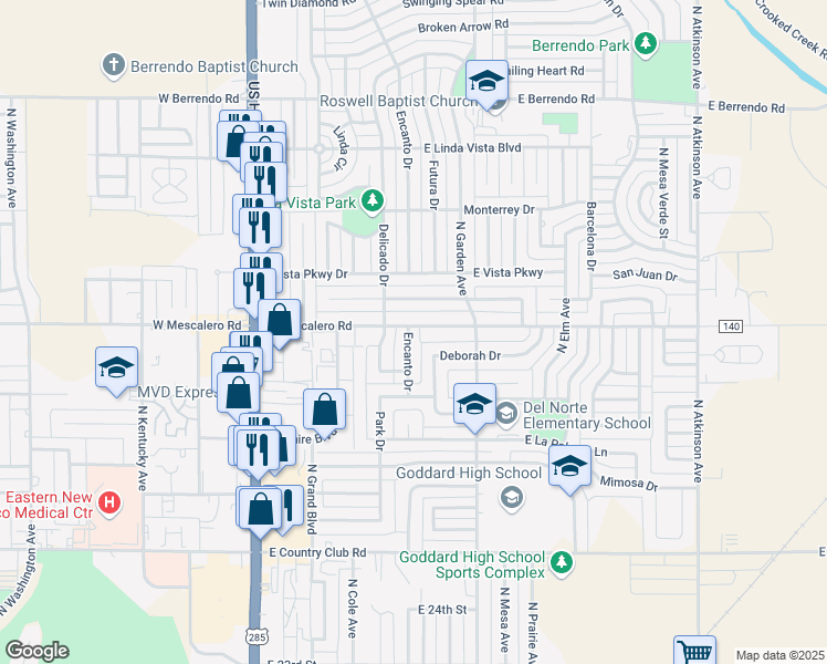 map of restaurants, bars, coffee shops, grocery stores, and more near 2819 Encanto Drive in Roswell