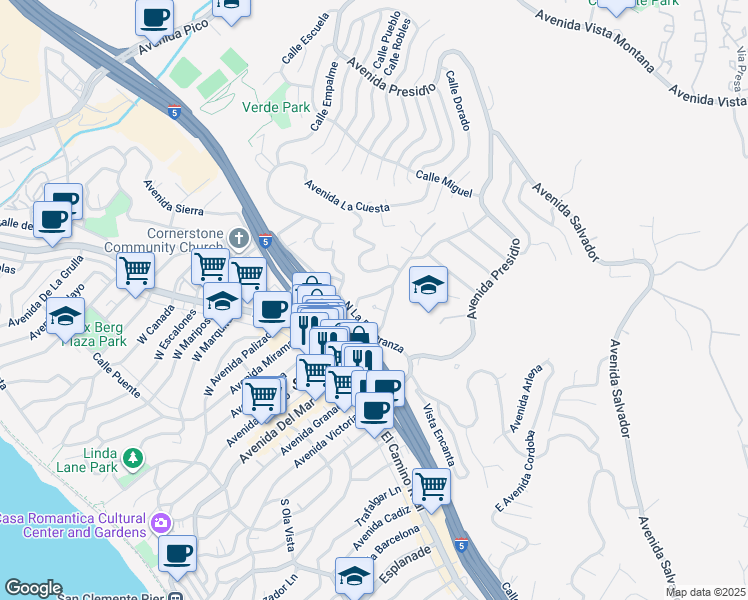 map of restaurants, bars, coffee shops, grocery stores, and more near 18 Via Cima in San Clemente