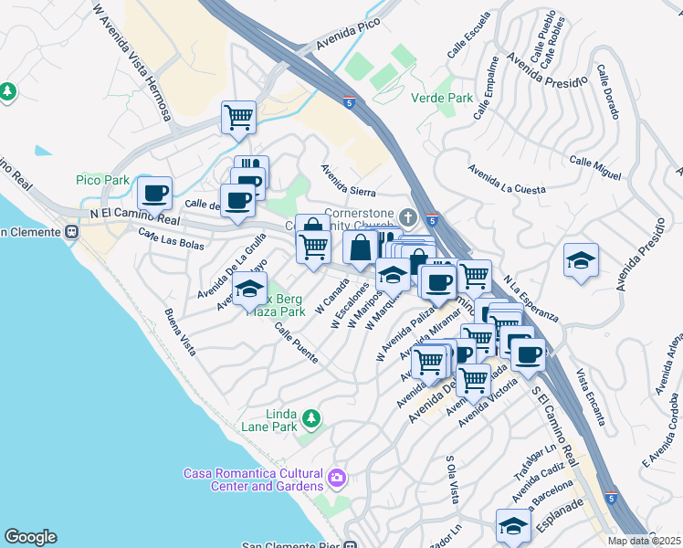 map of restaurants, bars, coffee shops, grocery stores, and more near 822 North El Camino Real in San Clemente