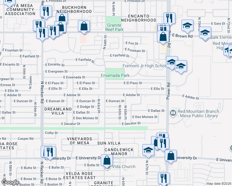 map of restaurants, bars, coffee shops, grocery stores, and more near 6448 East Adobe Street in Mesa