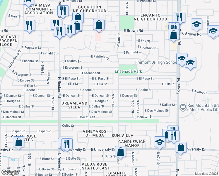 map of restaurants, bars, coffee shops, grocery stores, and more near 6326 East Adobe Street in Mesa