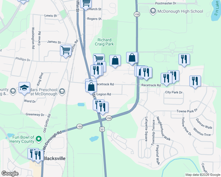 map of restaurants, bars, coffee shops, grocery stores, and more near 88 Racetrack Road in McDonough