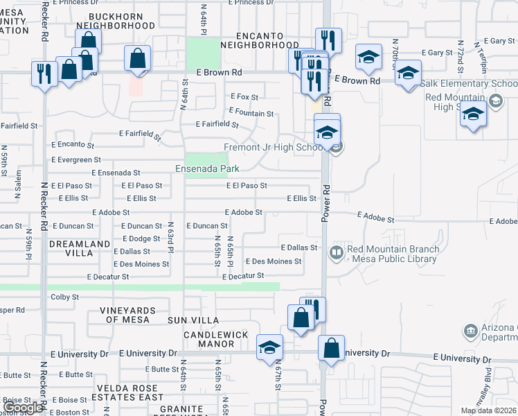 map of restaurants, bars, coffee shops, grocery stores, and more near 6610 East Adobe Street in Mesa