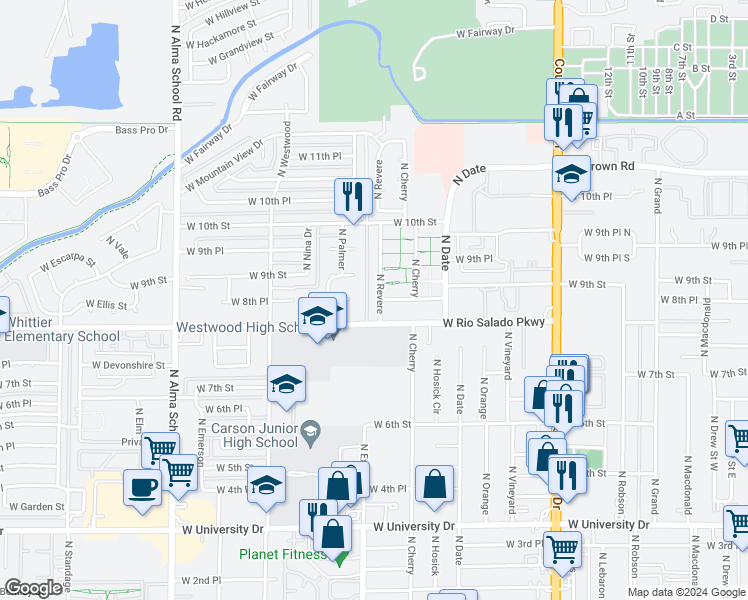 map of restaurants, bars, coffee shops, grocery stores, and more near 832 North Revere in Mesa
