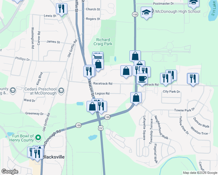 map of restaurants, bars, coffee shops, grocery stores, and more near 88 Racetrack Road in McDonough